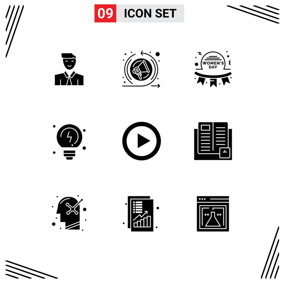 9 Thematic Vector Solid Glyphs and Editable Symbols of multimedia thinking day solutions badge Editable Vector Design Elements