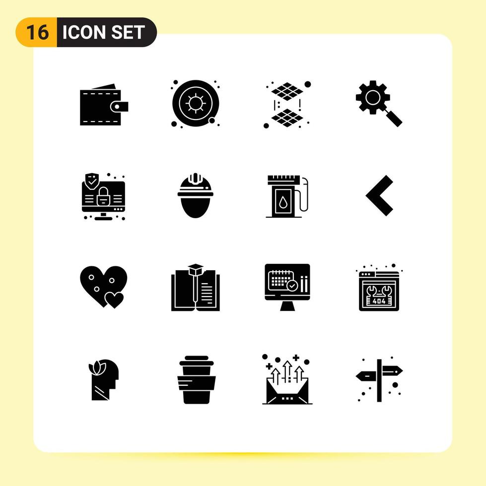 Set of 16 Vector Solid Glyphs on Grid for internet setting science gear search Editable Vector Design Elements