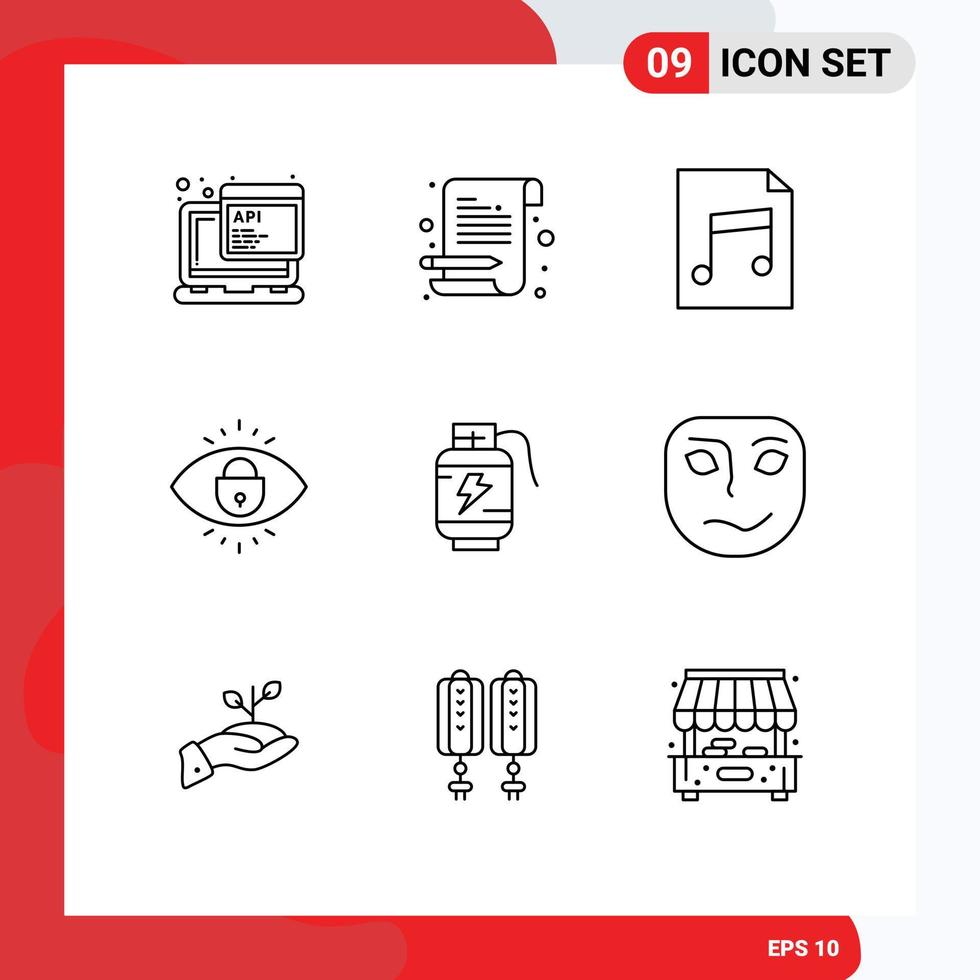 Set of 9 Vector Outlines on Grid for power acumulator audio lock internet Editable Vector Design Elements
