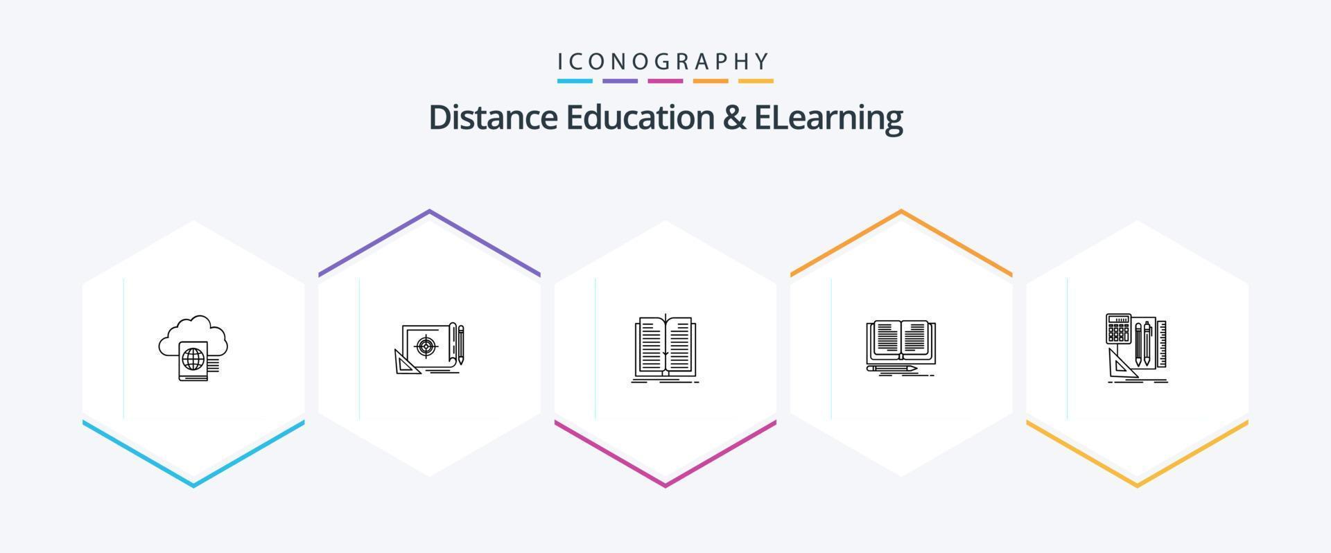 Distance Education And Elearning 25 Line icon pack including stationary. book. target. novel. book vector