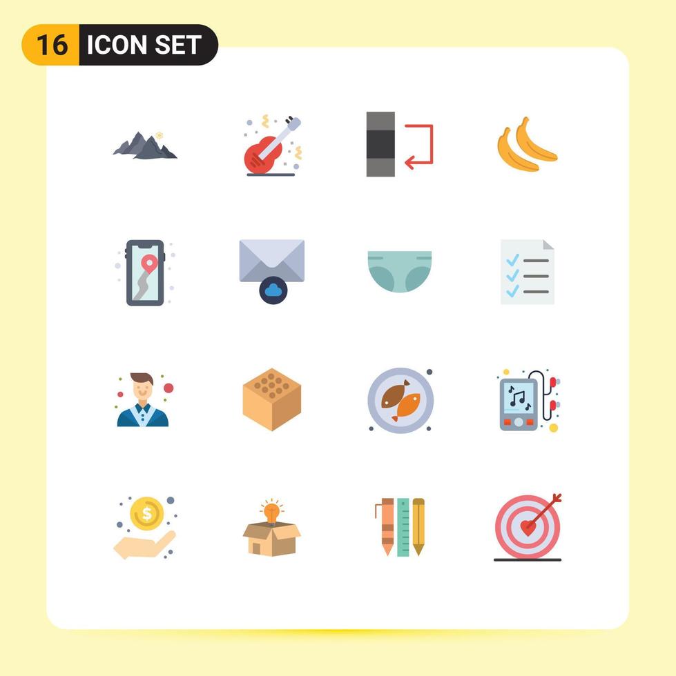 Group of 16 Flat Colors Signs and Symbols for location fruit music food swap Editable Pack of Creative Vector Design Elements