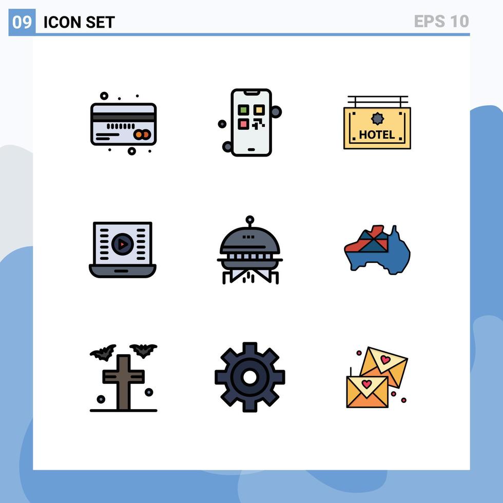 9 Universal Filledline Flat Colors Set for Web and Mobile Applications watch video play button pay media play direction Editable Vector Design Elements