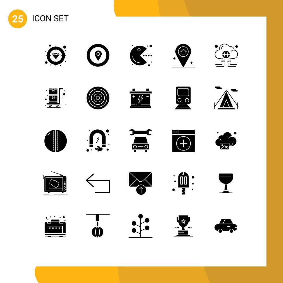 Mobile Interface Solid Glyph Set of 25 Pictograms of data cloud pacman house map Editable Vector Design Elements