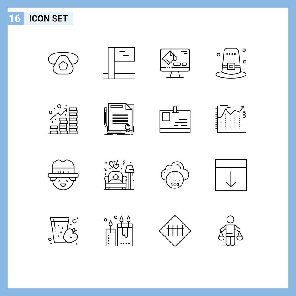 Set of 16 Vector Outlines on Grid for coins profit format income holiday Editable Vector Design Elements