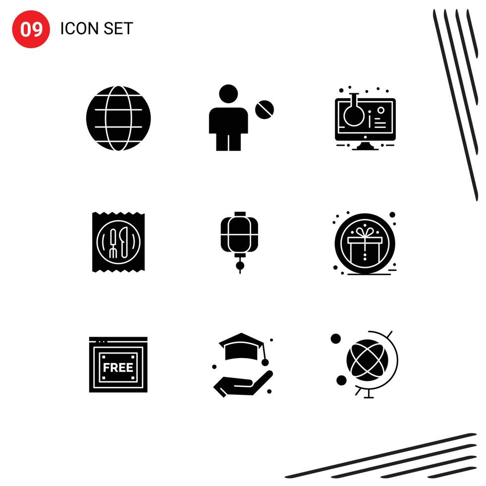Pack of 9 Modern Solid Glyphs Signs and Symbols for Web Print Media such as table hotel human lunch sample tube Editable Vector Design Elements