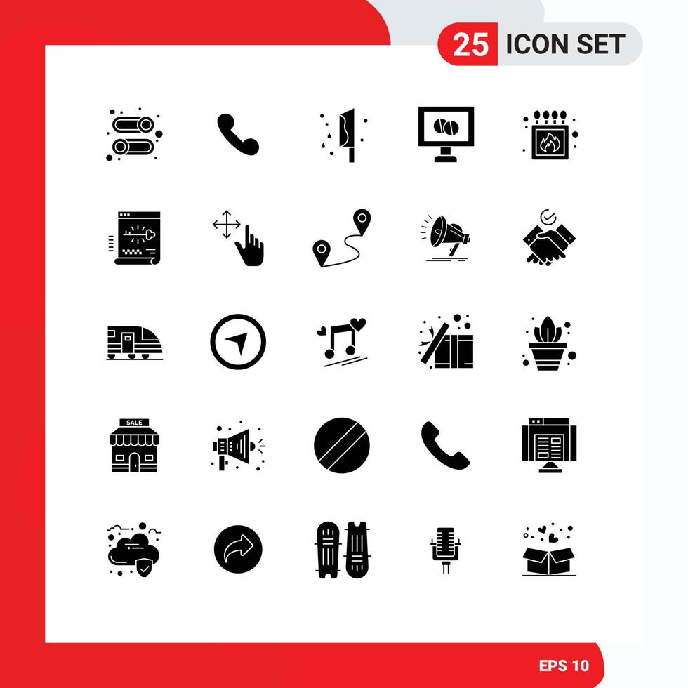 Mobile Interface Solid Glyph Set of 25 Pictograms of fire tablet blood medicine murder Editable Vector Design Elements