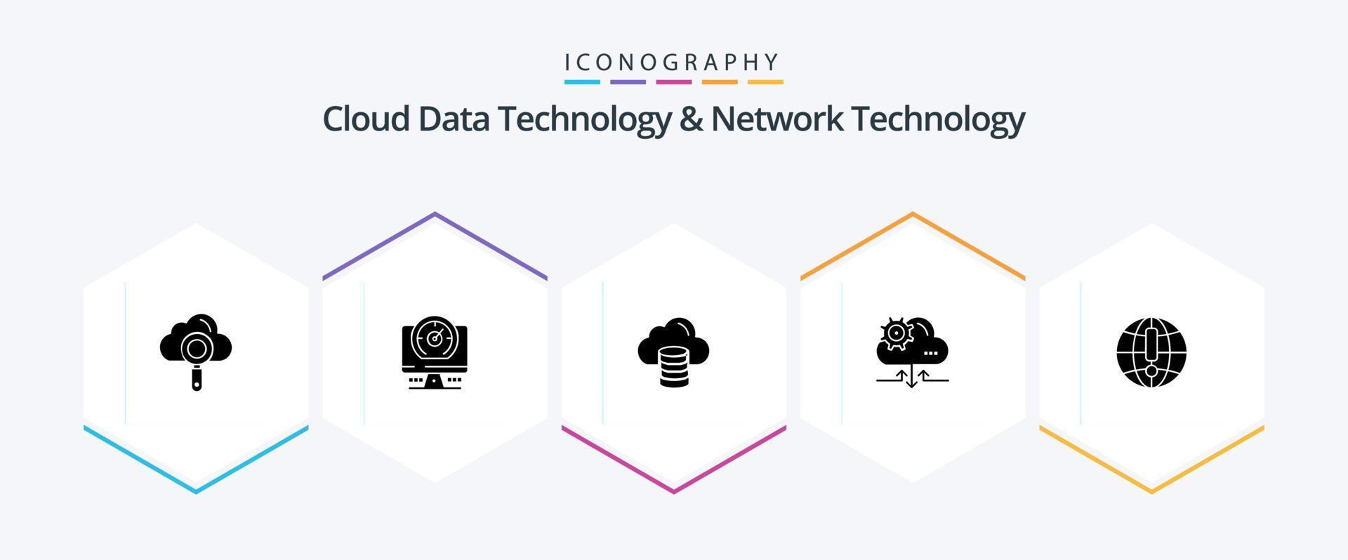 Cloud Data Technology And Network Technology 25 Glyph icon pack including internet . arrow. cloud . gear. cloud vector