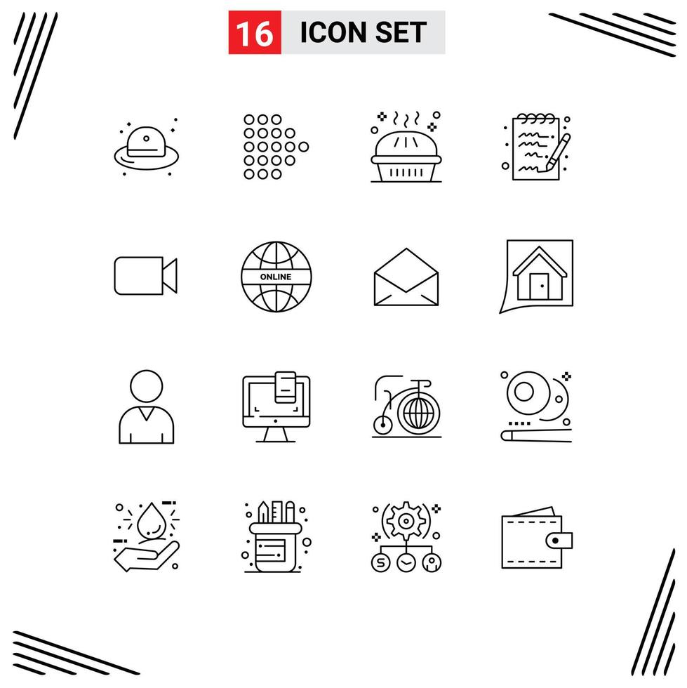 Editable Vector Line Pack of 16 Simple Outlines of basic camera dinner notepad document Editable Vector Design Elements