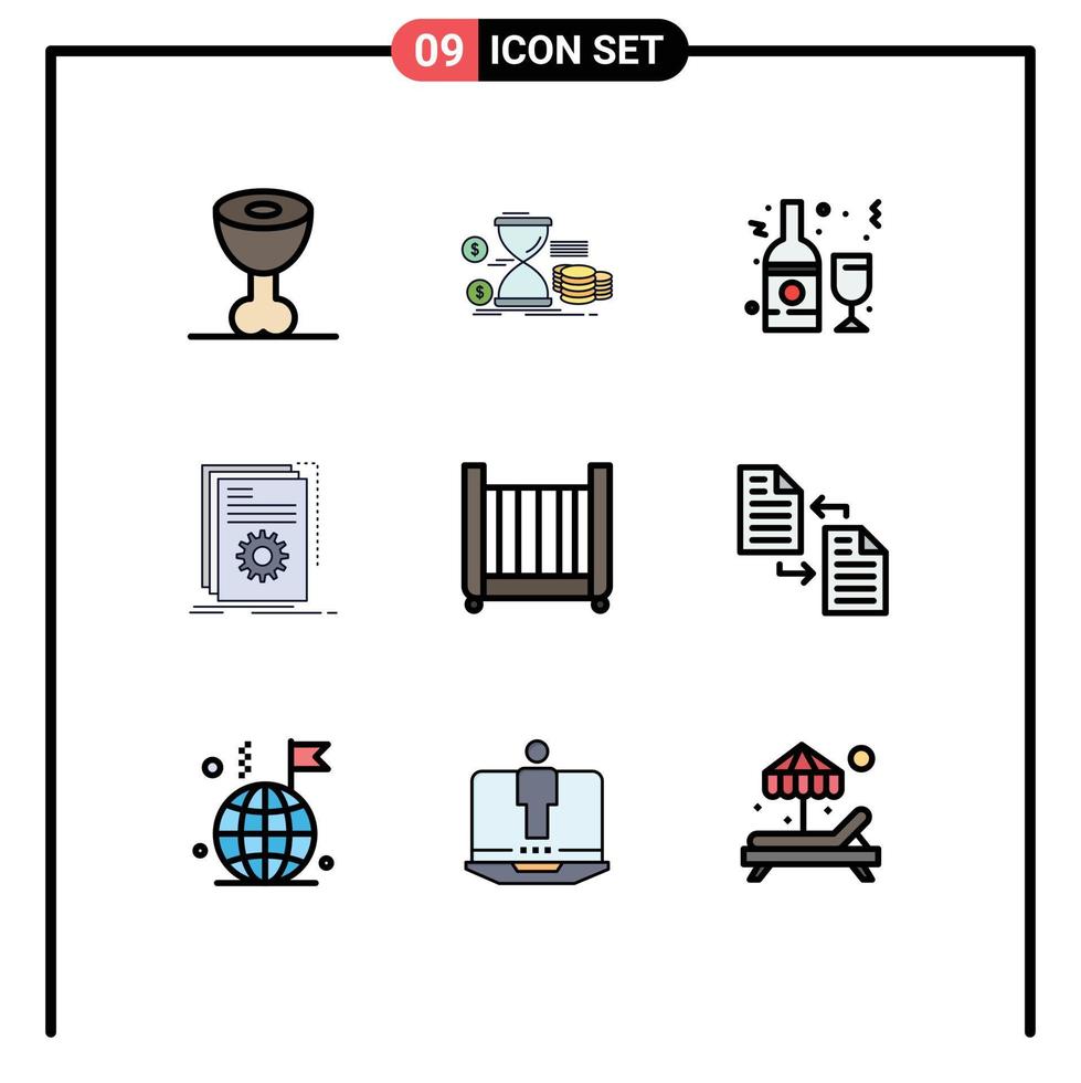 Modern Set of 9 Filledline Flat Colors and symbols such as script developer alcohol build wine Editable Vector Design Elements
