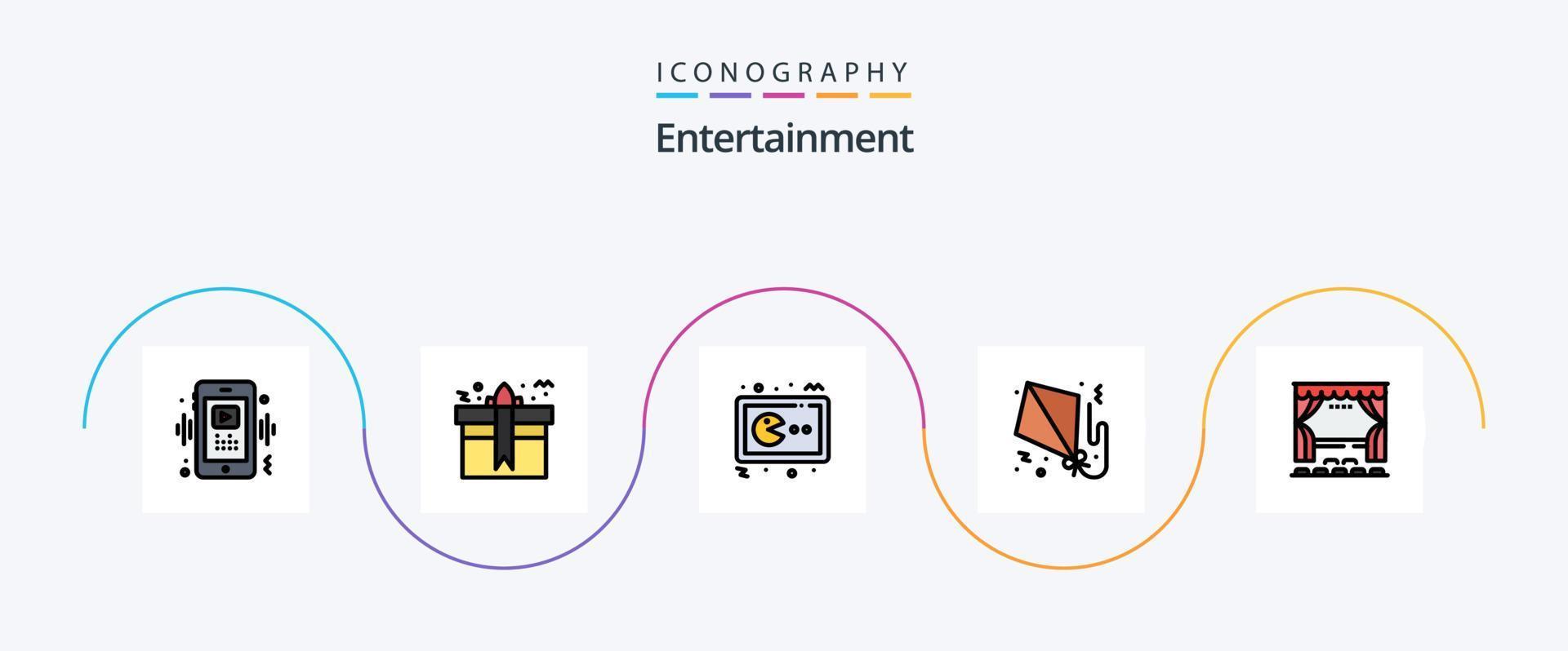 entretenimiento línea lleno plano 5 5 icono paquete incluso volar. cometa. presente. consola. juego de azar vector