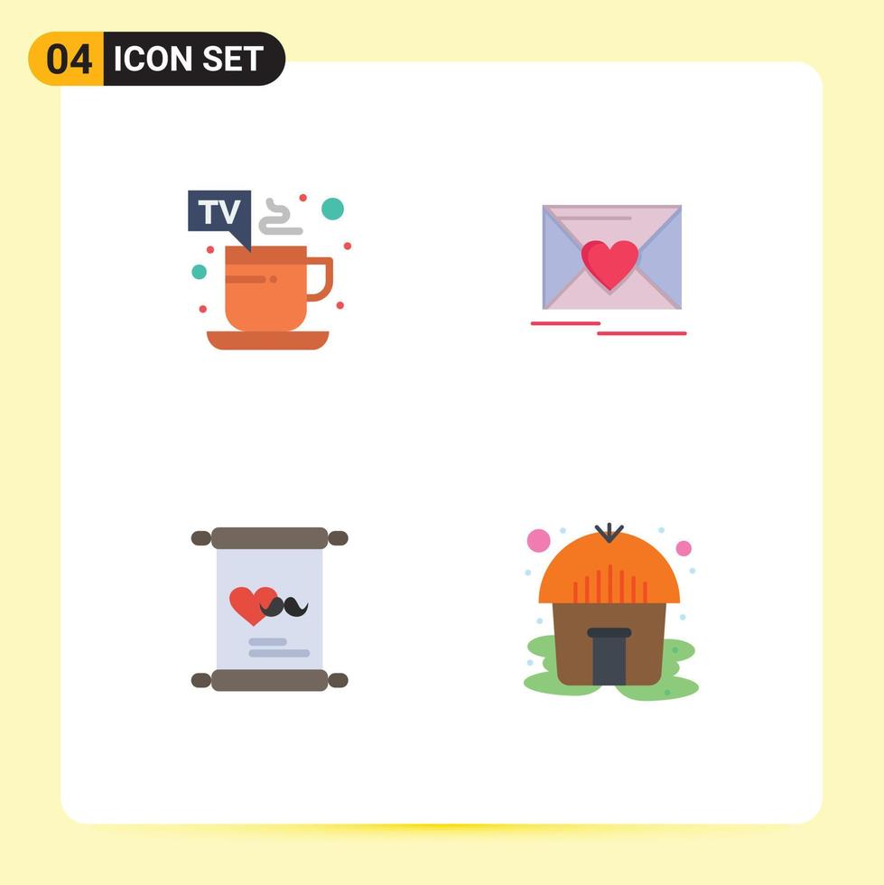 Pictogram Set of 4 Simple Flat Icons of cup love tv break heart day Editable Vector Design Elements