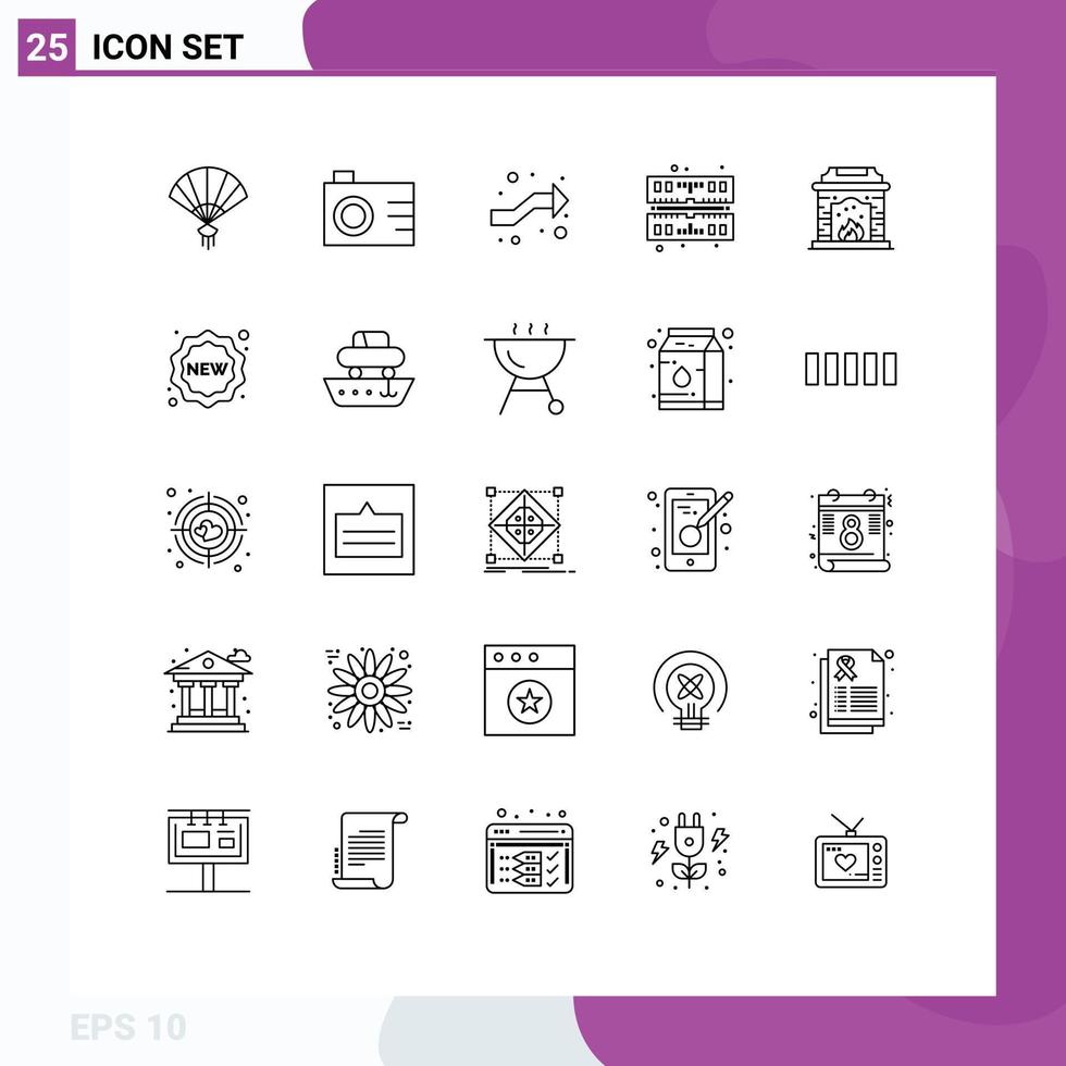 Set of 25 Modern UI Icons Symbols Signs for badge fire place intersect chimney memory Editable Vector Design Elements