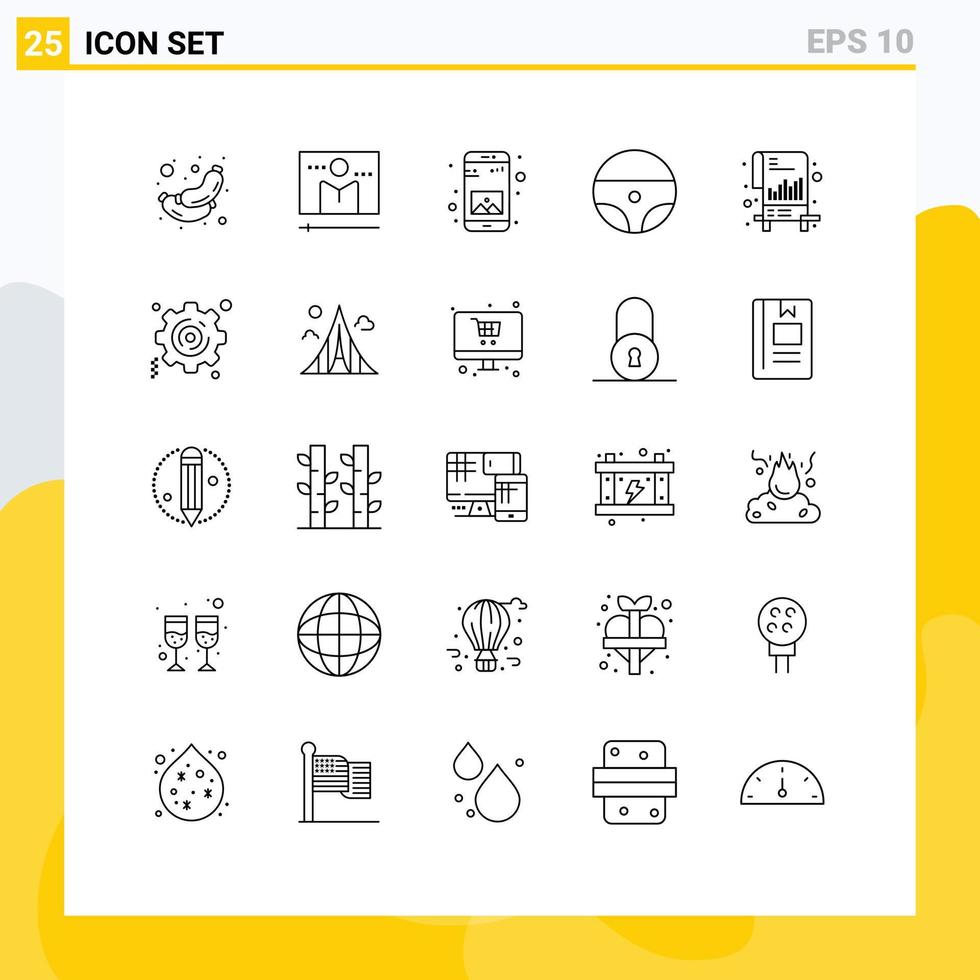 Universal Icon Symbols Group of 25 Modern Lines of documents wheel player steering mobile Editable Vector Design Elements