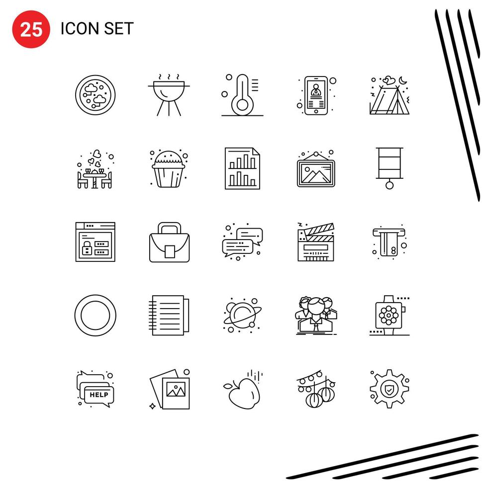 25 Thematic Vector Lines and Editable Symbols of tent holidays thermometer camping user Editable Vector Design Elements