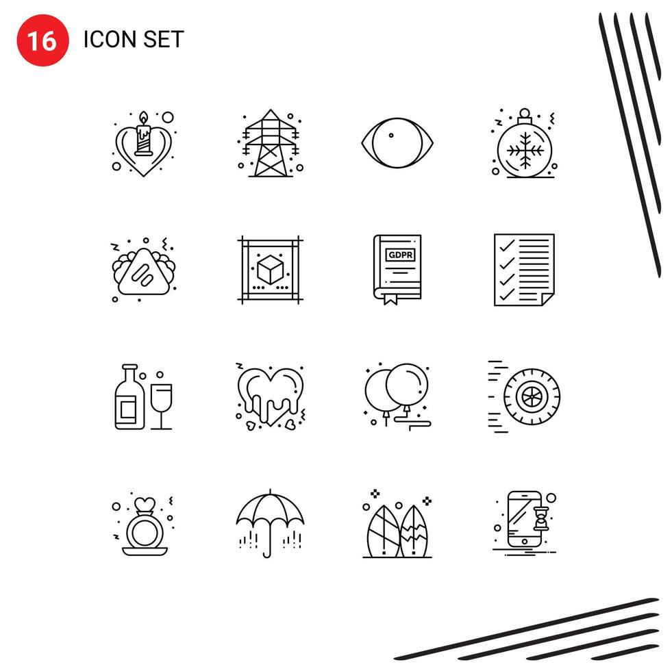 Pack of 16 creative Outlines of food winter eye snowflake ball Editable Vector Design Elements