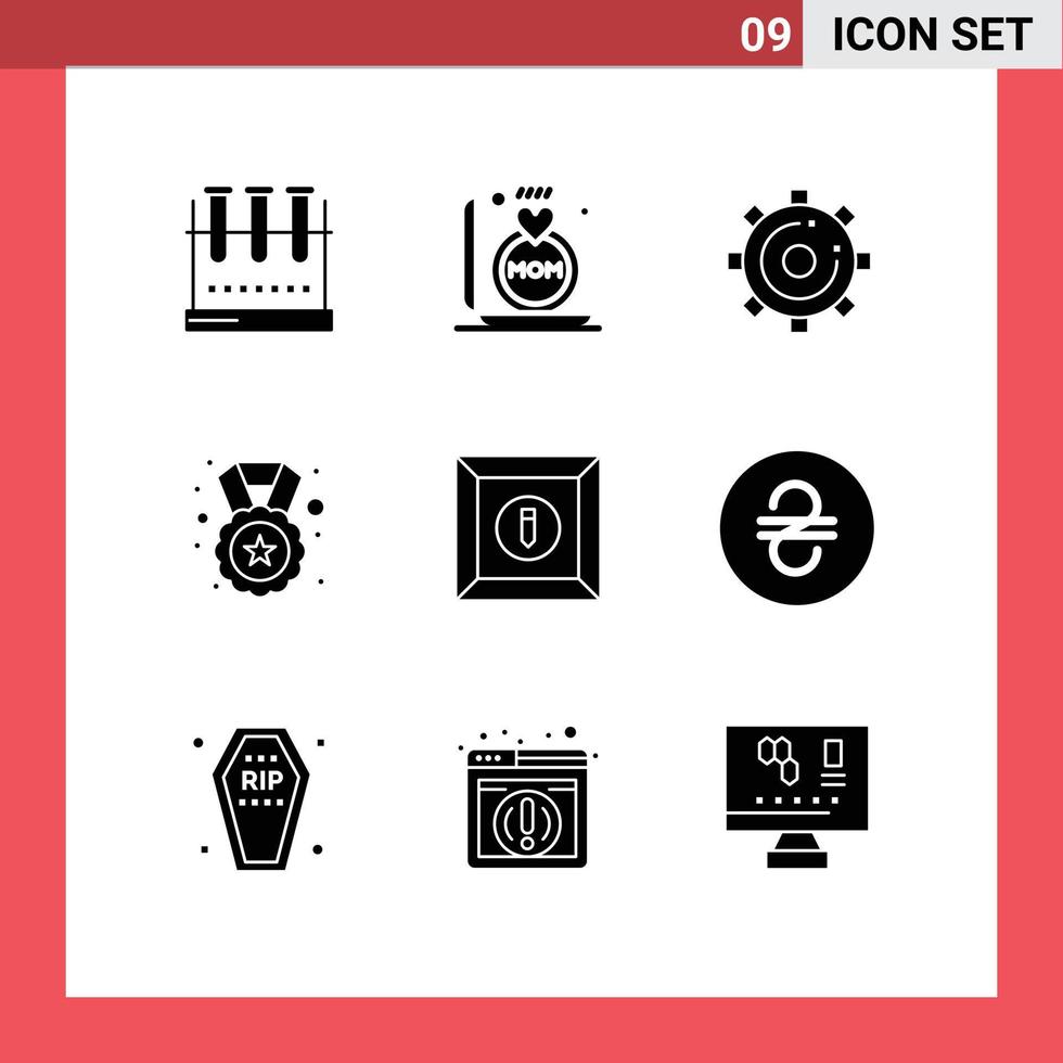 9 User Interface Solid Glyph Pack of modern Signs and Symbols of badge reward mother medal page Editable Vector Design Elements