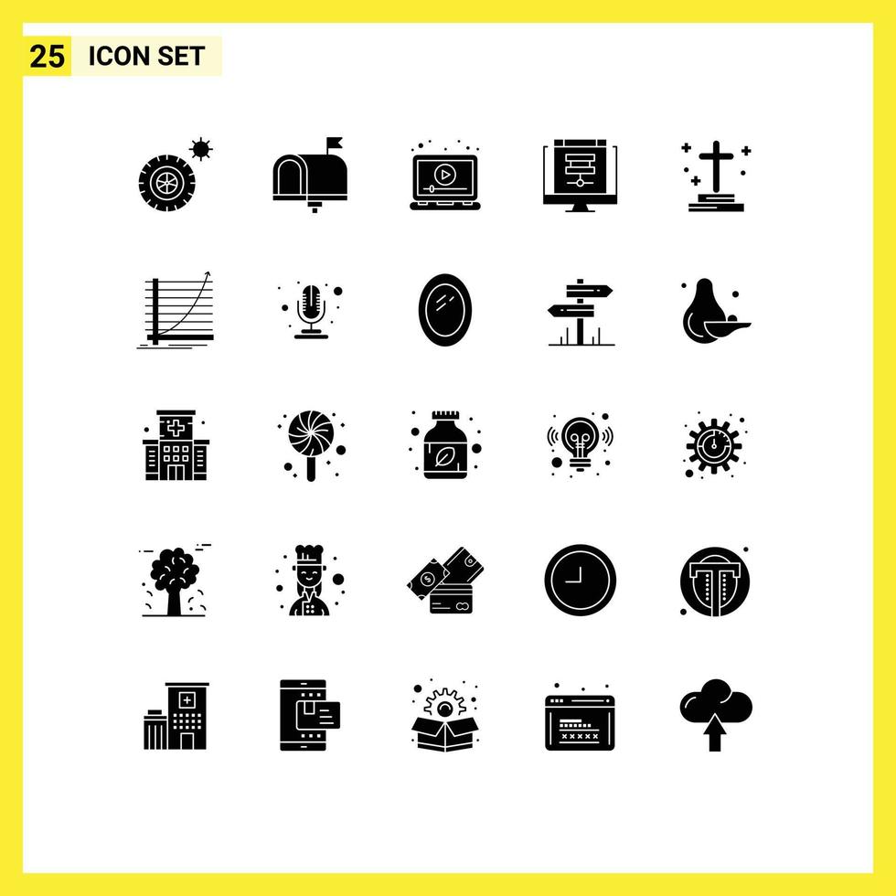 Mobile Interface Solid Glyph Set of 25 Pictograms of sever database ads data video Editable Vector Design Elements