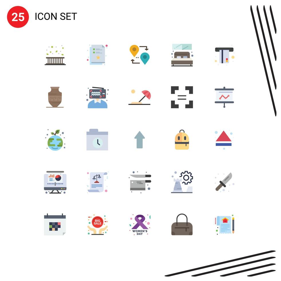 Mobile Interface Flat Color Set of 25 Pictograms of atm room wish list hotel travel Editable Vector Design Elements
