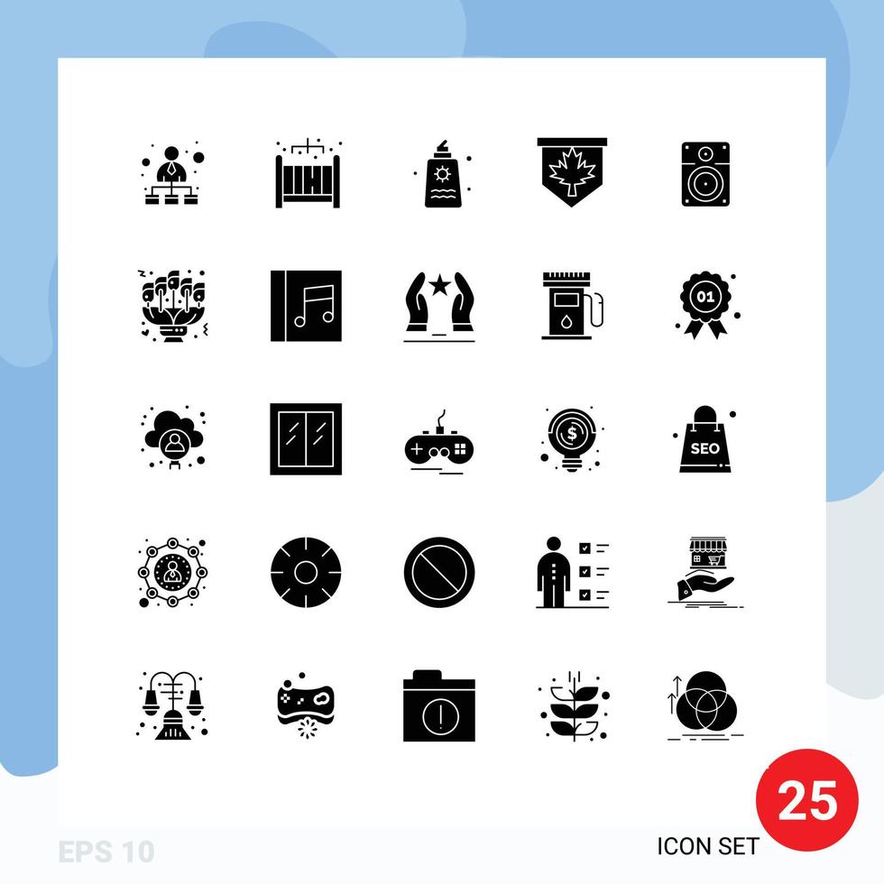 Group of 25 Modern Solid Glyphs Set for loud sign fountain canada tag Editable Vector Design Elements