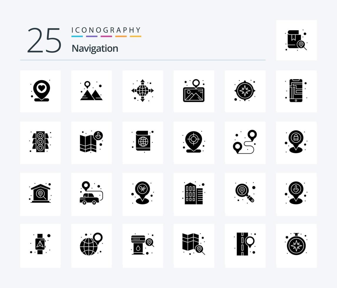 Navigation 25 Solid Glyph icon pack including gps. pin. direction. museum. gallery vector