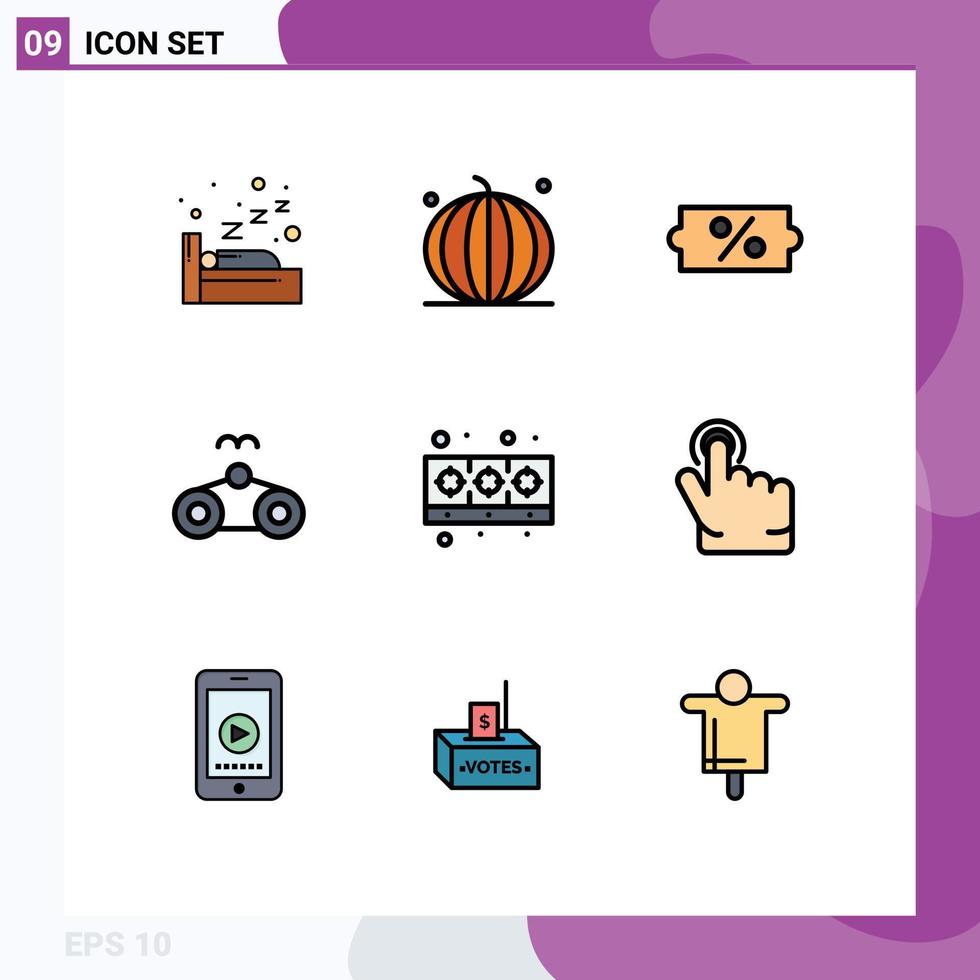 Pack of 9 Modern Filledline Flat Colors Signs and Symbols for Web Print Media such as food cooker discount vacation glasses Editable Vector Design Elements