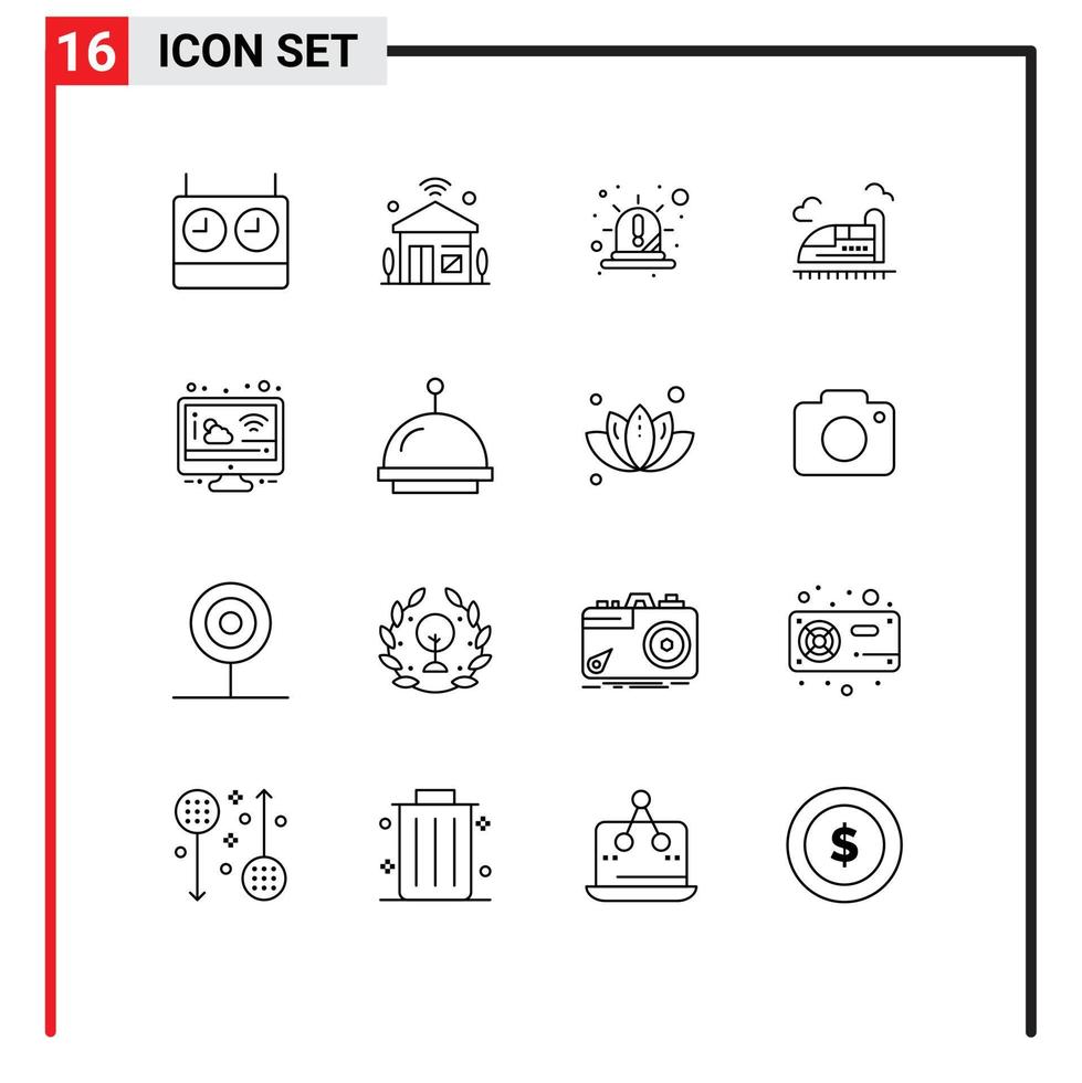 Modern Set of 16 Outlines and symbols such as cloud high alert train siren Editable Vector Design Elements