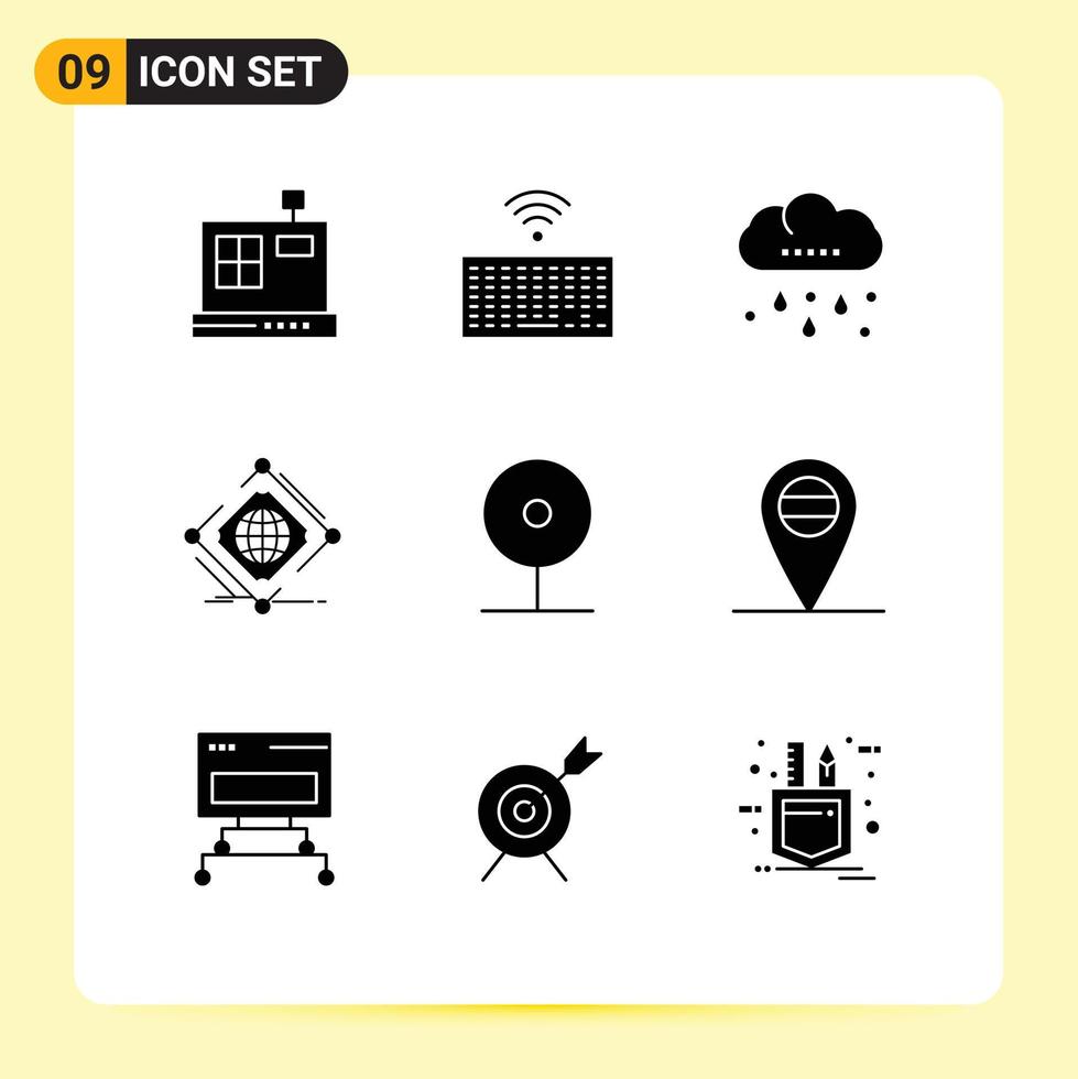 Editable Vector Line Pack of 9 Simple Solid Glyphs of cctv web rain net global Editable Vector Design Elements