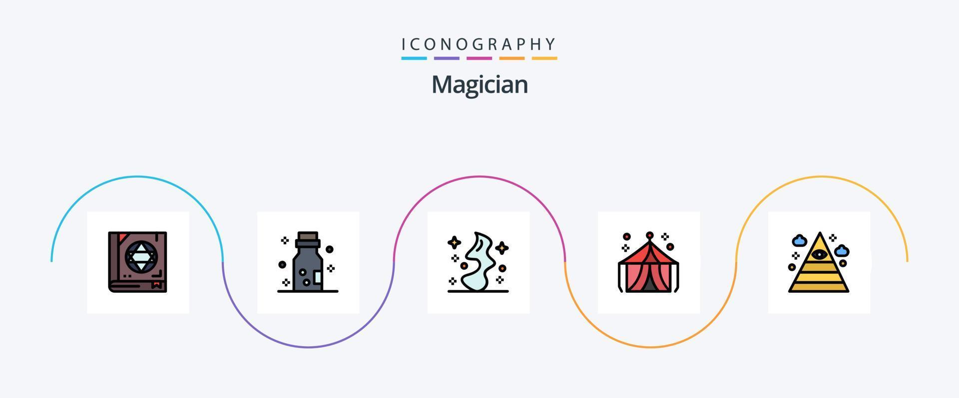 Magician Line Filled Flat 5 Icon Pack Including illuminati. tent. magic. fair. circus vector