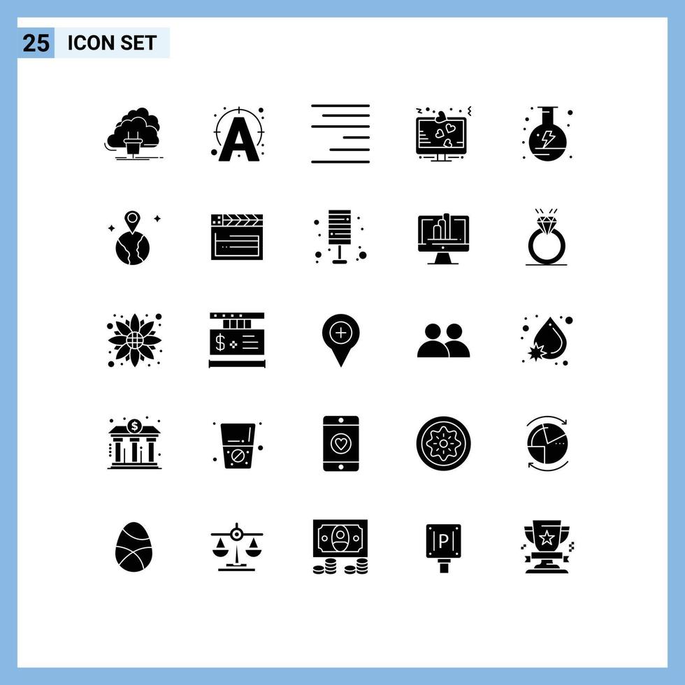 25 User Interface Solid Glyph Pack of modern Signs and Symbols of electricity love connect lcd display Editable Vector Design Elements