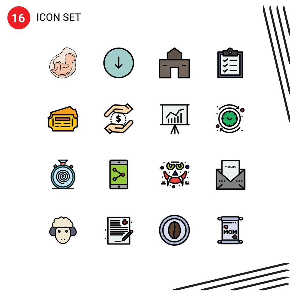 Pack of 16 Modern Flat Color Filled Lines Signs and Symbols for Web Print Media such as train list downloads clipboard hut Editable Creative Vector Design Elements