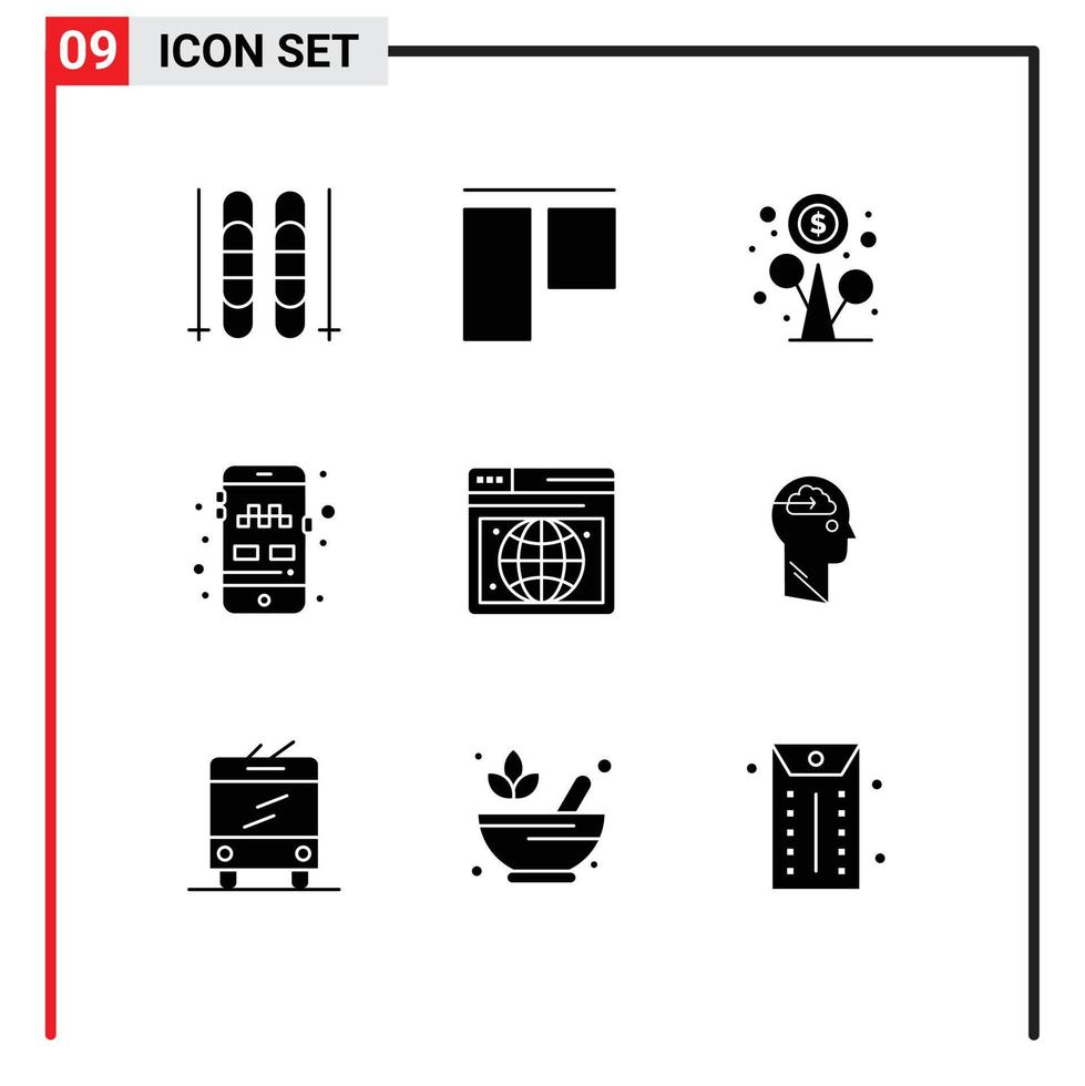 Universal Icon Symbols Group of 9 Modern Solid Glyphs of cloud web growth seo taxi Editable Vector Design Elements