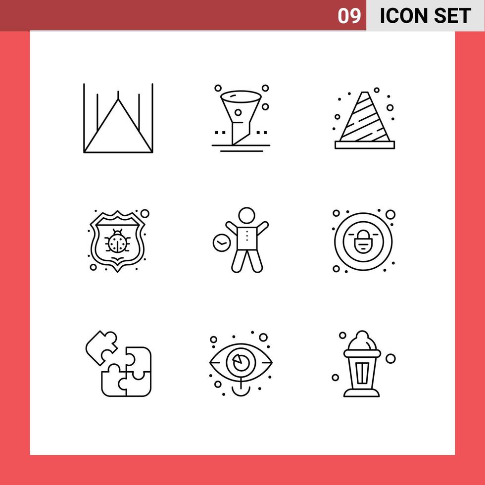 Group of 9 Modern Outlines Set for exercise protect attention bug sign Editable Vector Design Elements