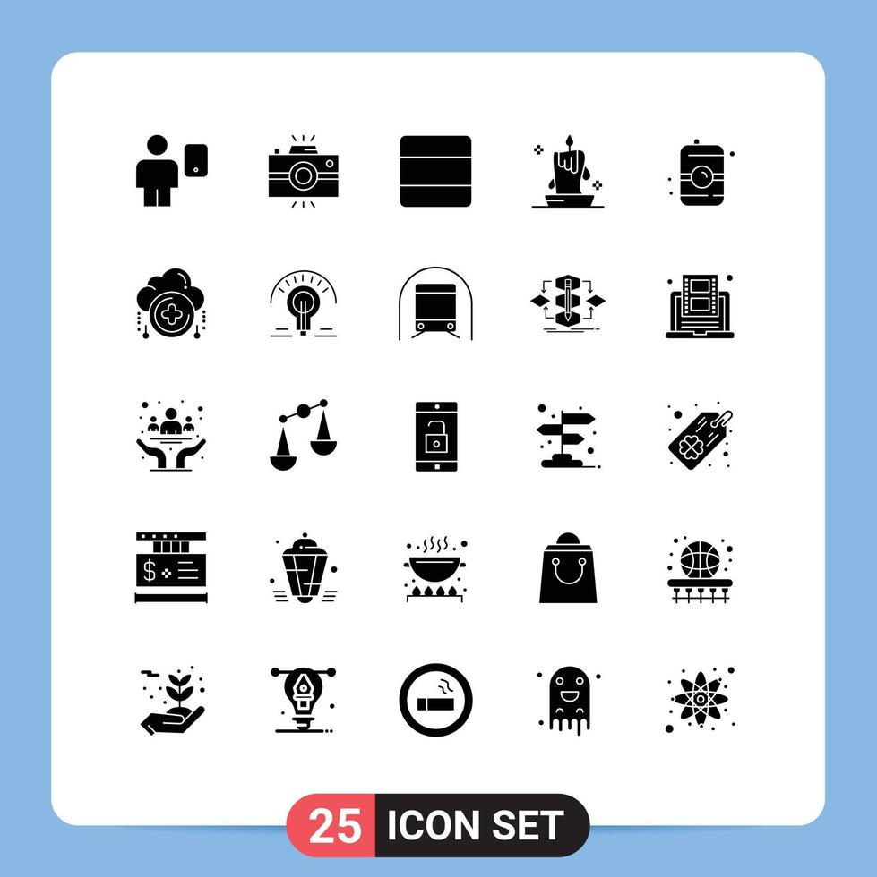 Pack of 25 Modern Solid Glyphs Signs and Symbols for Web Print Media such as illumination candle retro burning light stack Editable Vector Design Elements