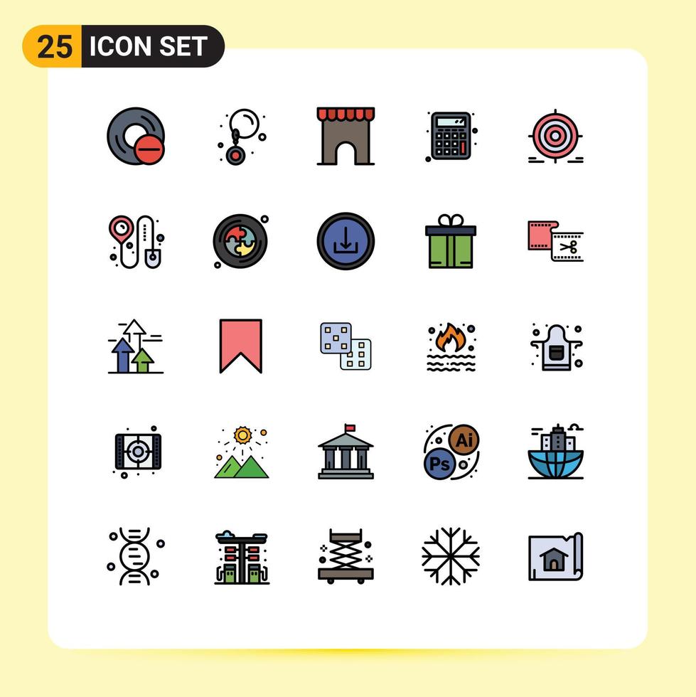 Pack of 25 creative Filled line Flat Colors of darts target building calculator back to school Editable Vector Design Elements