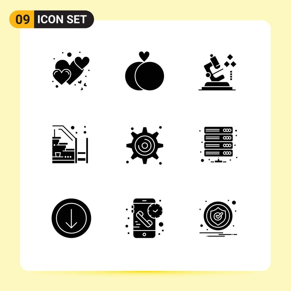 9 Thematic Vector Solid Glyphs and Editable Symbols of gear property science up progress Editable Vector Design Elements