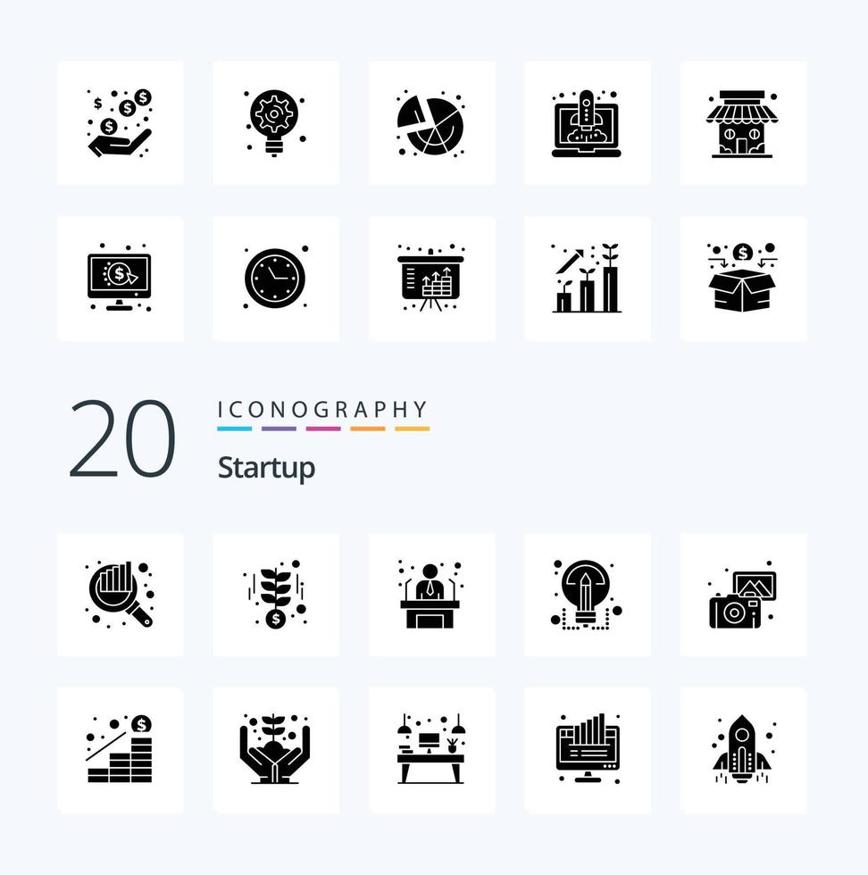 20 Startup Solid Glyph icon Pack like photography sharing applicant share creative vector