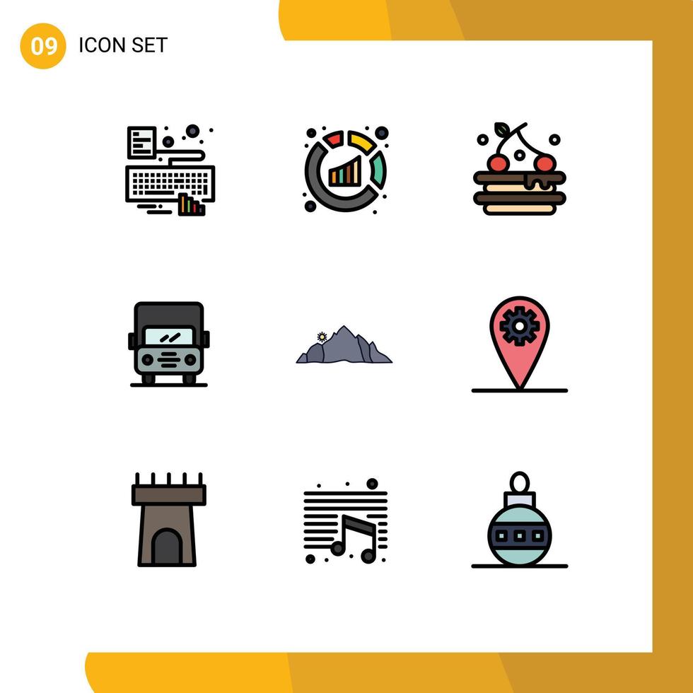 Mobile Interface Filledline Flat Color Set of 9 Pictograms of nature hill tart van transport Editable Vector Design Elements