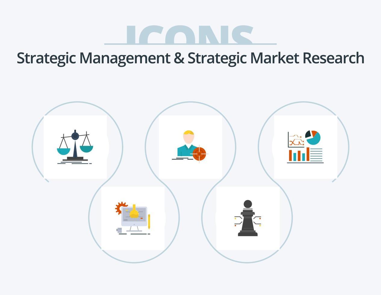 Strategic Management And Strategic Market Research Flat Icon Pack 5 Icon Design. graph. target. balance. focus. vector