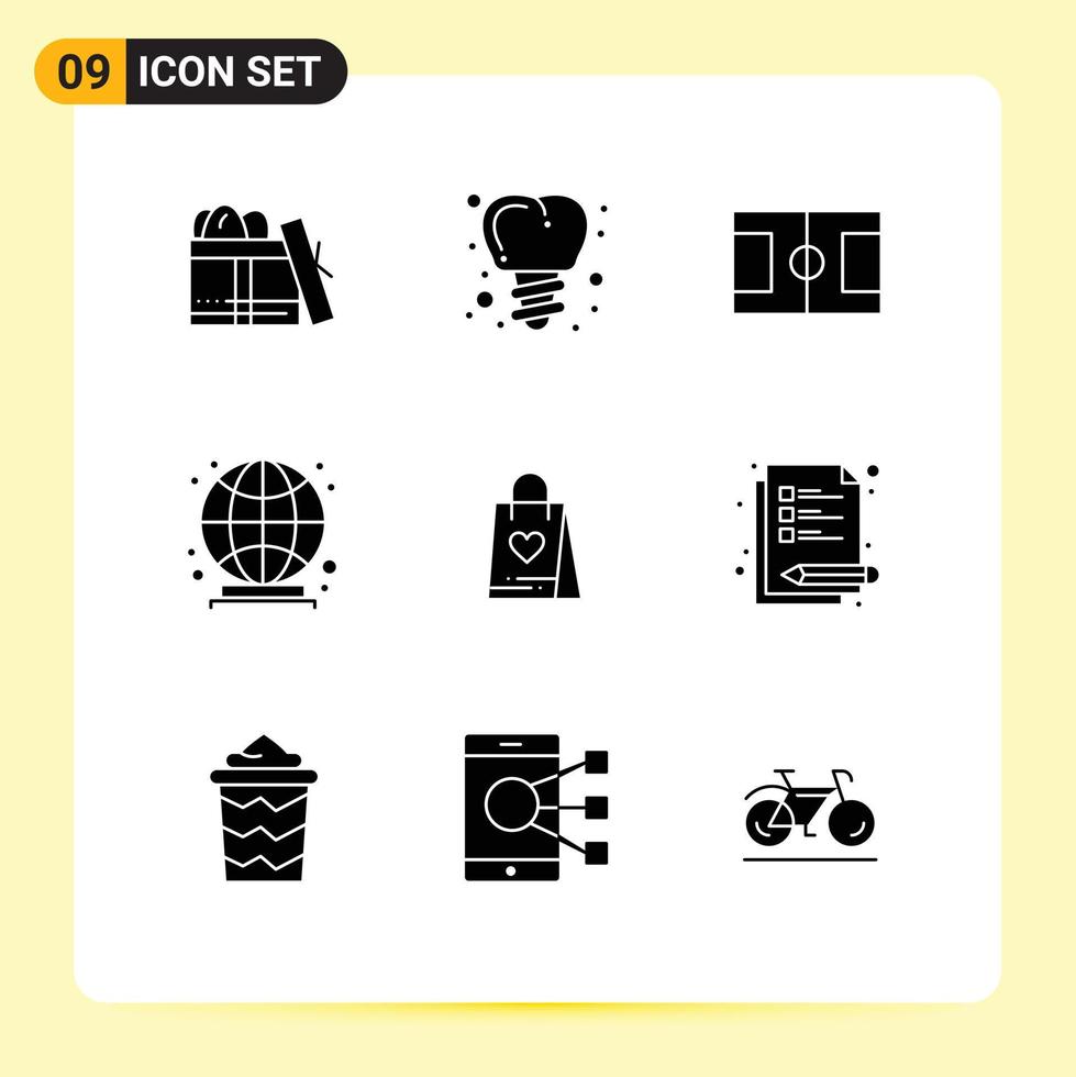 9 User Interface Solid Glyph Pack of modern Signs and Symbols of lecture gift football love world Editable Vector Design Elements