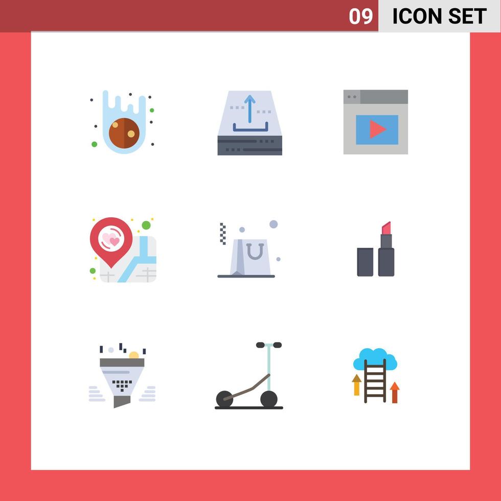 universal icono símbolos grupo de 9 9 moderno plano colores de compras bolso web mapa amor editable vector diseño elementos
