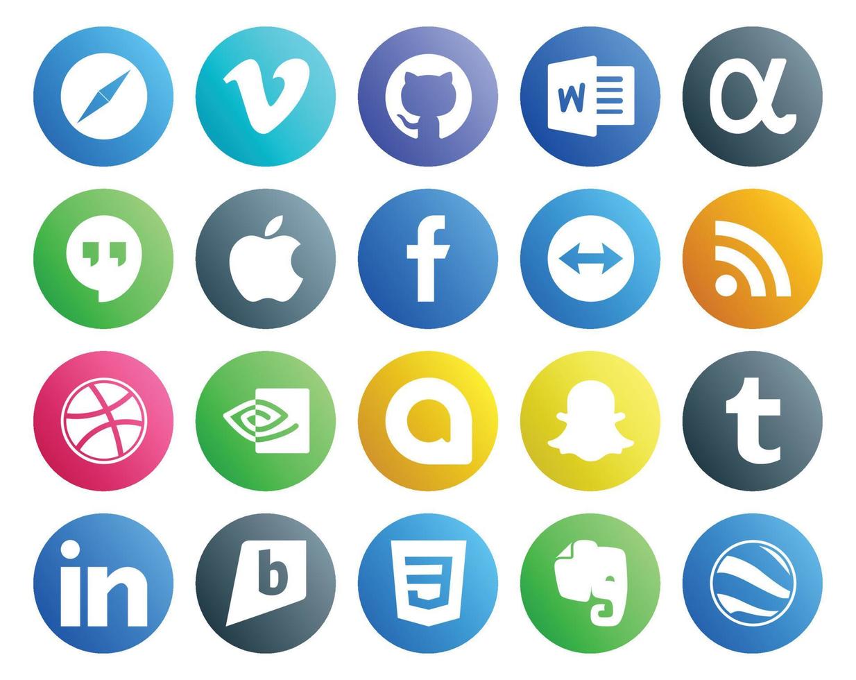 20 social medios de comunicación icono paquete incluso linkedin snapchat manzana google hola regatear vector