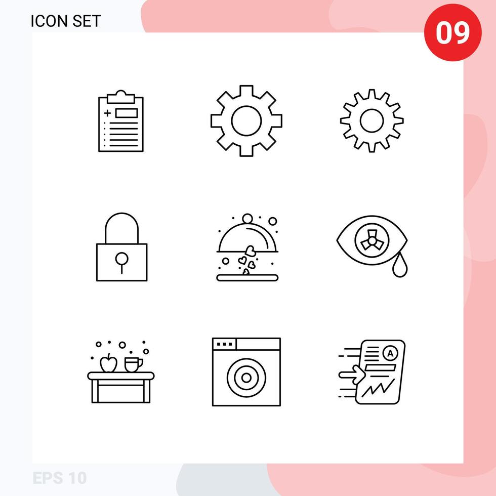 Group of 9 Outlines Signs and Symbols for wedding food gear dish password lock Editable Vector Design Elements