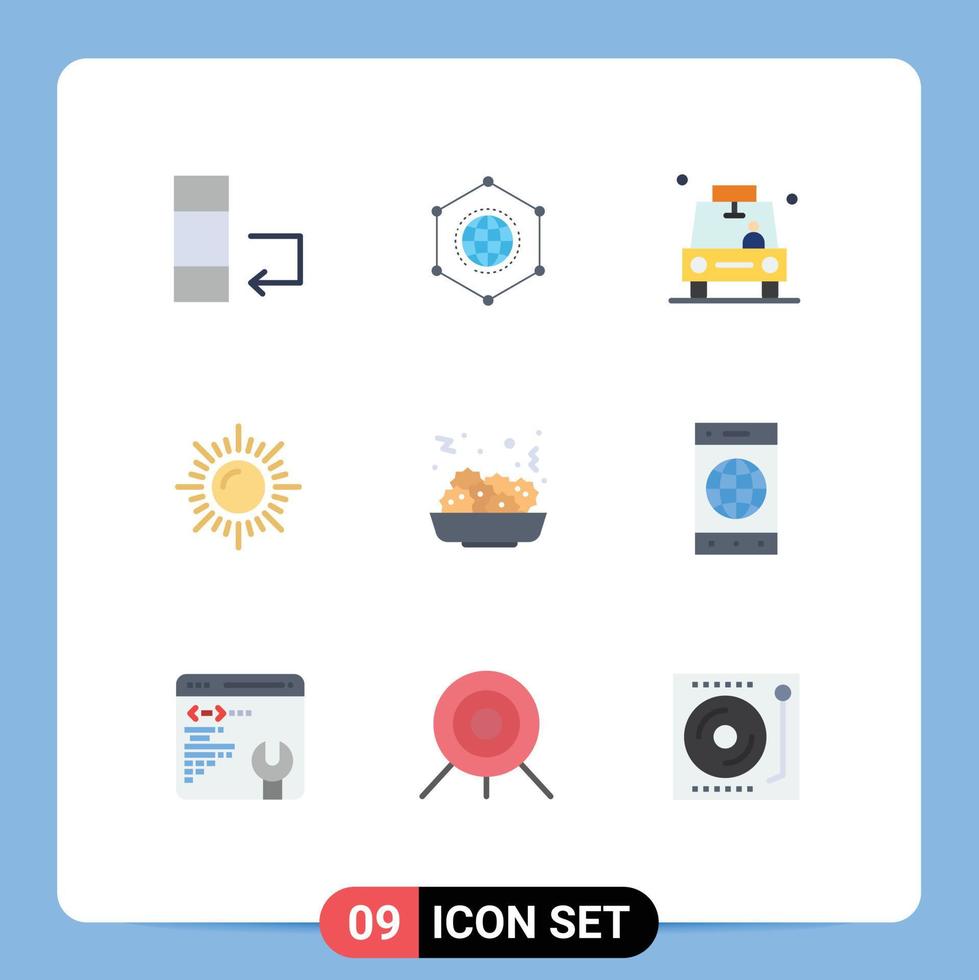 Set of 9 Modern UI Icons Symbols Signs for food sun car nature taxi Editable Vector Design Elements