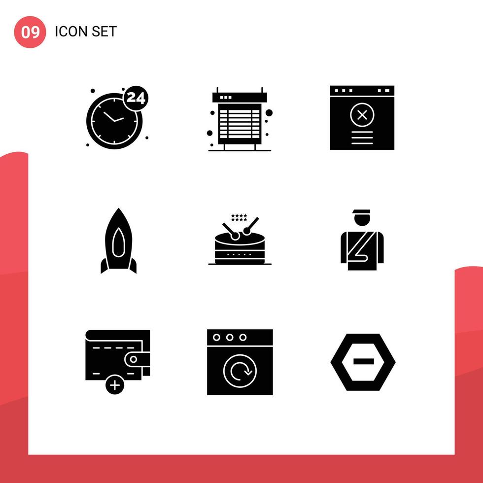 Solid Glyph Pack of 9 Universal Symbols of drum startup system speedup rocket Editable Vector Design Elements