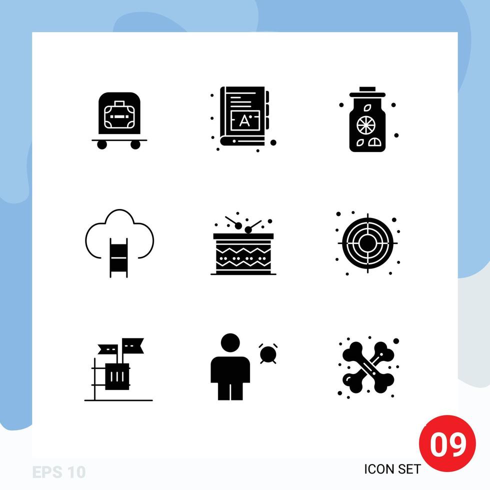 Modern Set of 9 Solid Glyphs Pictograph of drum prize water place badges Editable Vector Design Elements