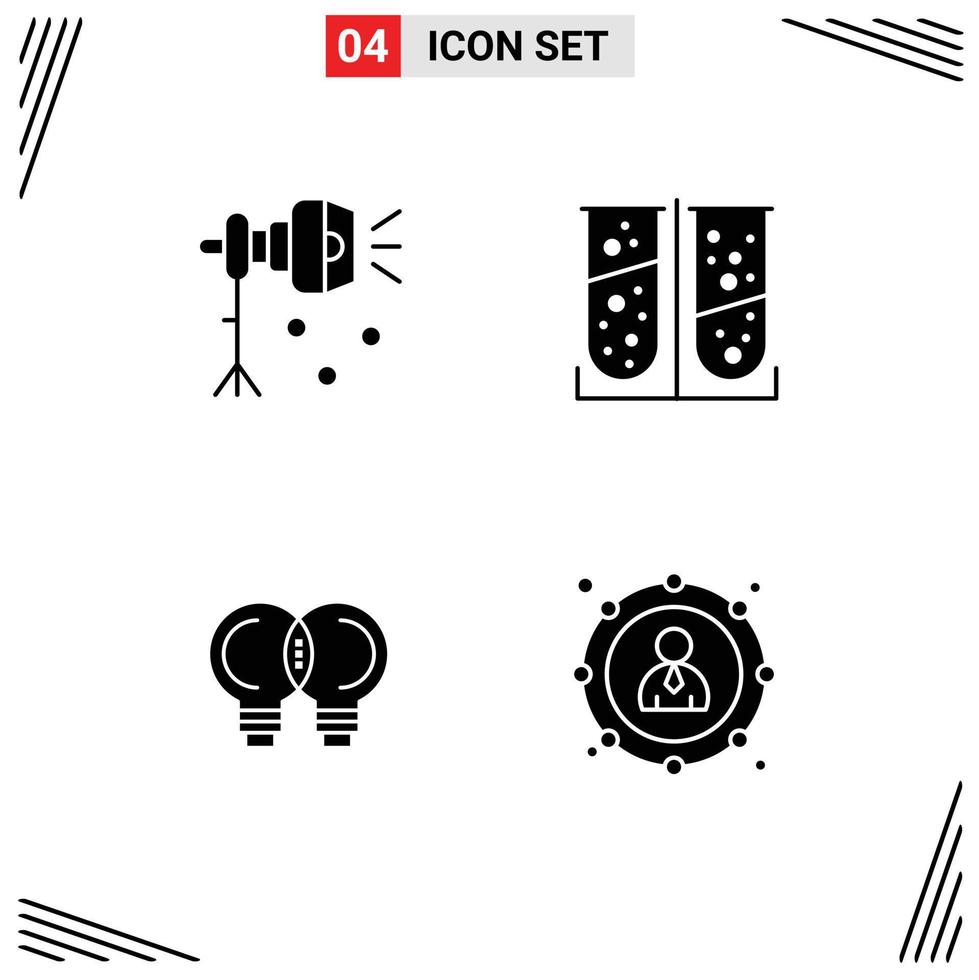 Set of 4 Vector Solid Glyphs on Grid for illumination idea spotlight chemical mechanic Editable Vector Design Elements