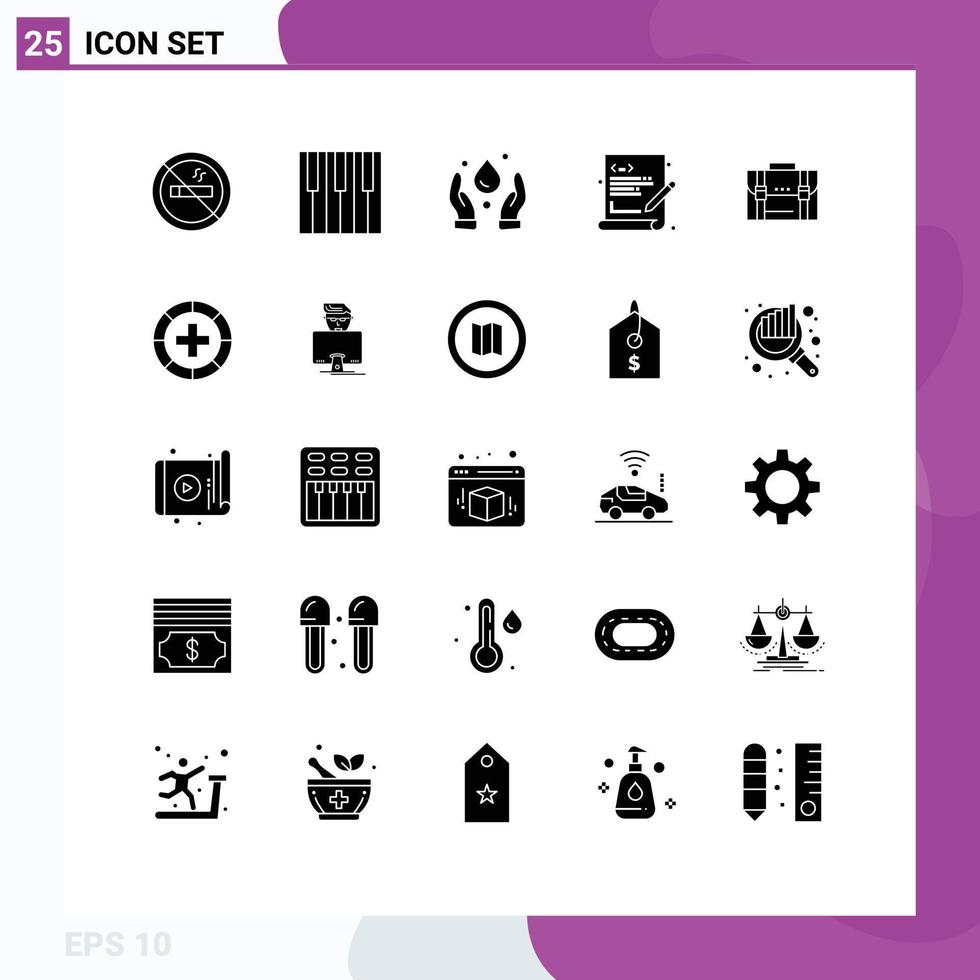 conjunto de 25 vector sólido glifos en cuadrícula para caso maletín ecología web codificación idioma editable vector diseño elementos