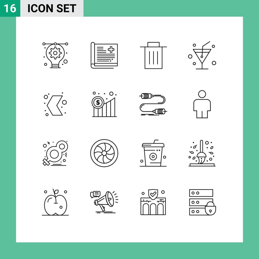 Pack of 16 Modern Outlines Signs and Symbols for Web Print Media such as left arrow medical glass user Editable Vector Design Elements