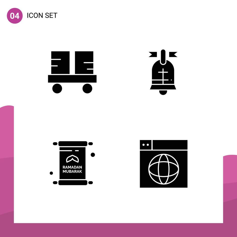 Mobile Interface Solid Glyph Set of 4 Pictograms of caterpillar vehicles letter forklift truck ring iftar Editable Vector Design Elements