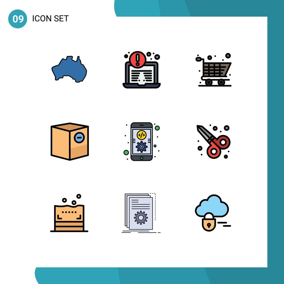 Mobile Interface Filledline Flat Color Set of 9 Pictograms of coding shipping cart minus commerce Editable Vector Design Elements